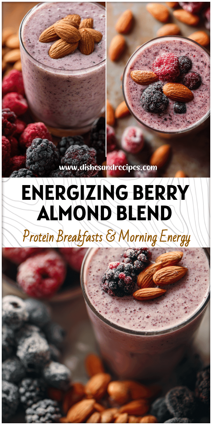 Glass of Berry Almond Protein Smoothie with almonds, berries, and creamy texture beside frozen fruit.